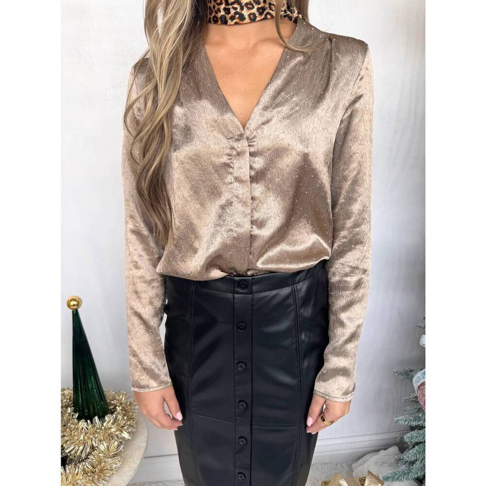 NEW SINCERELY OURS thea embellished satin long sleeve blouse in mink